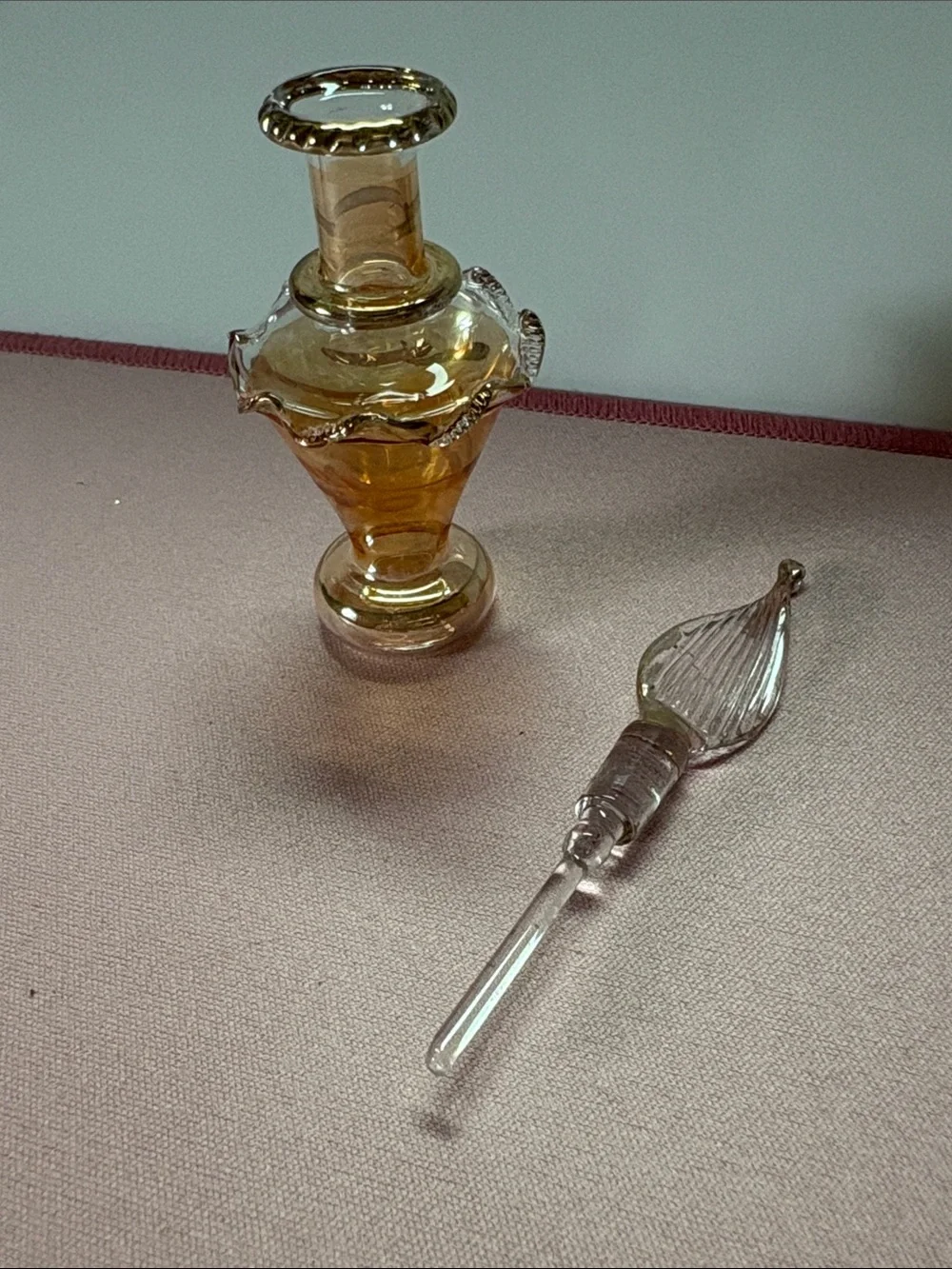 Elegant Egyptian Handblown Amber Glass Bottle with Gold Trim